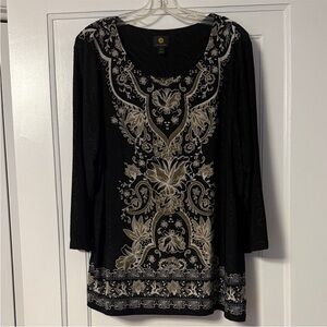 JM Collection Plus Size XXL Black & Cream Floral Boho Top 3/4 Sleeve Tunic
